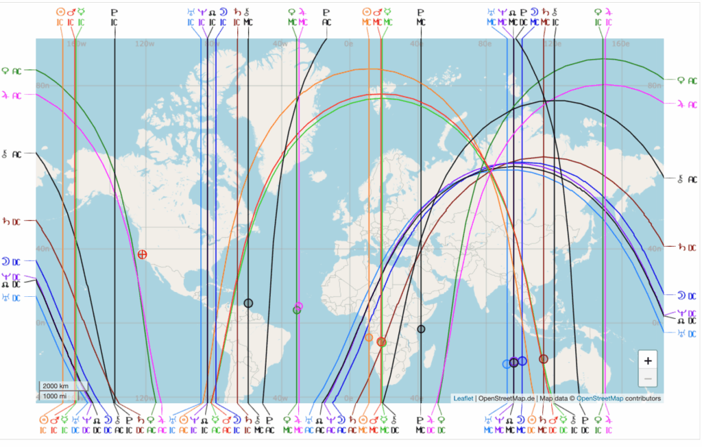 Visual of astrocartography map with planetary lines